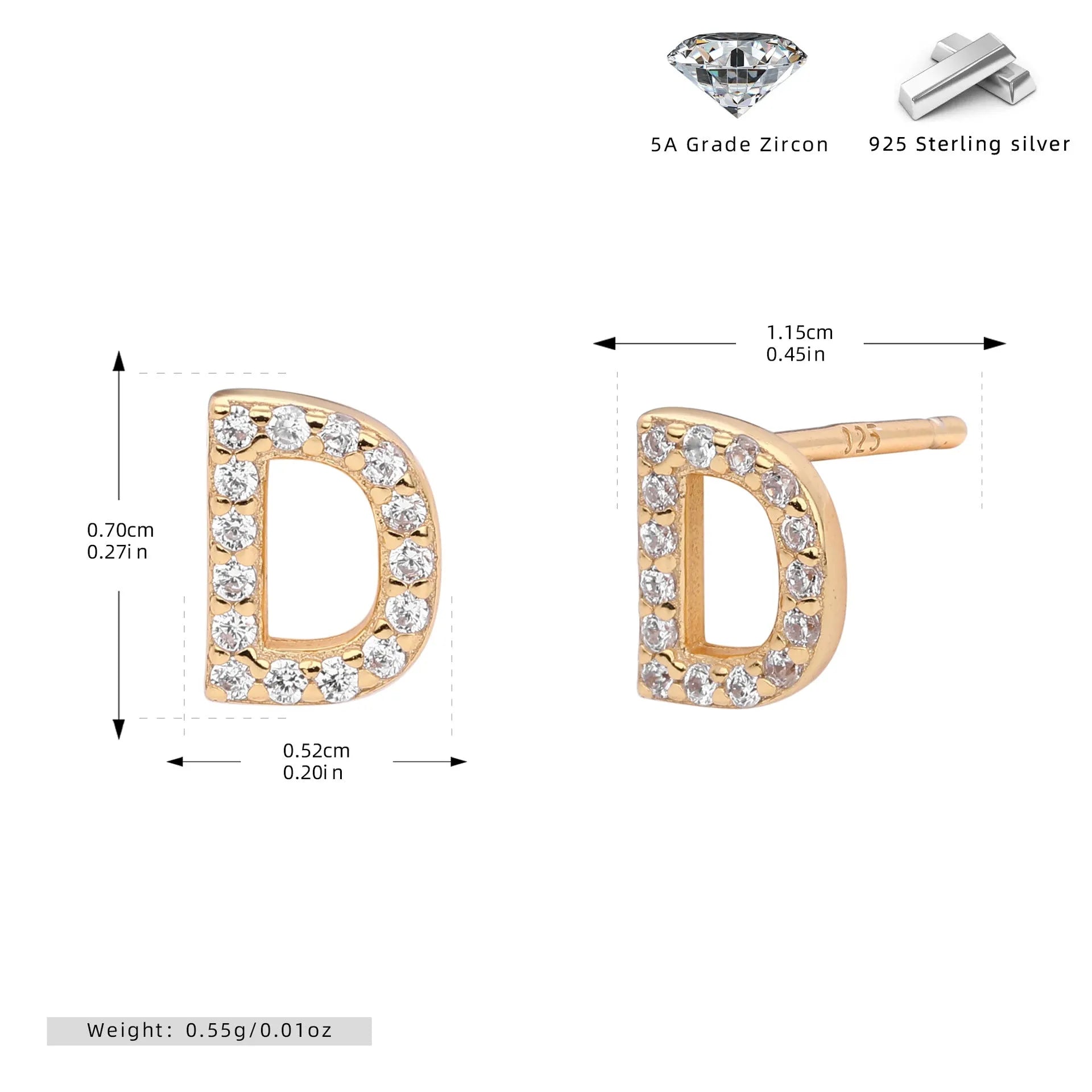 925 silver letter ear stud with electroplated gold finish, alphabet motif