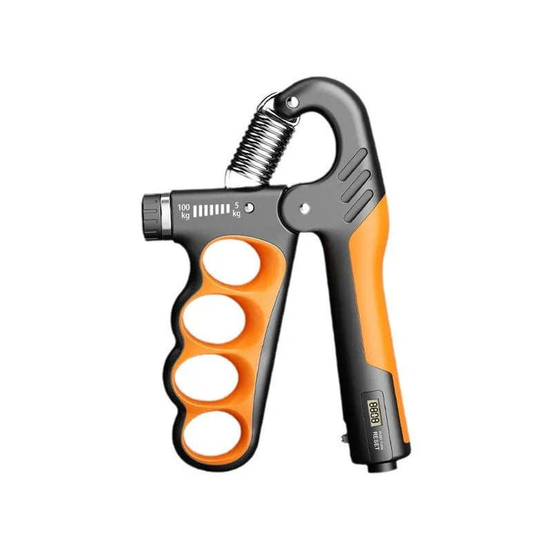 Electronic counter spring grip in orange, red, or grey colour with adjustable resistance mechanism