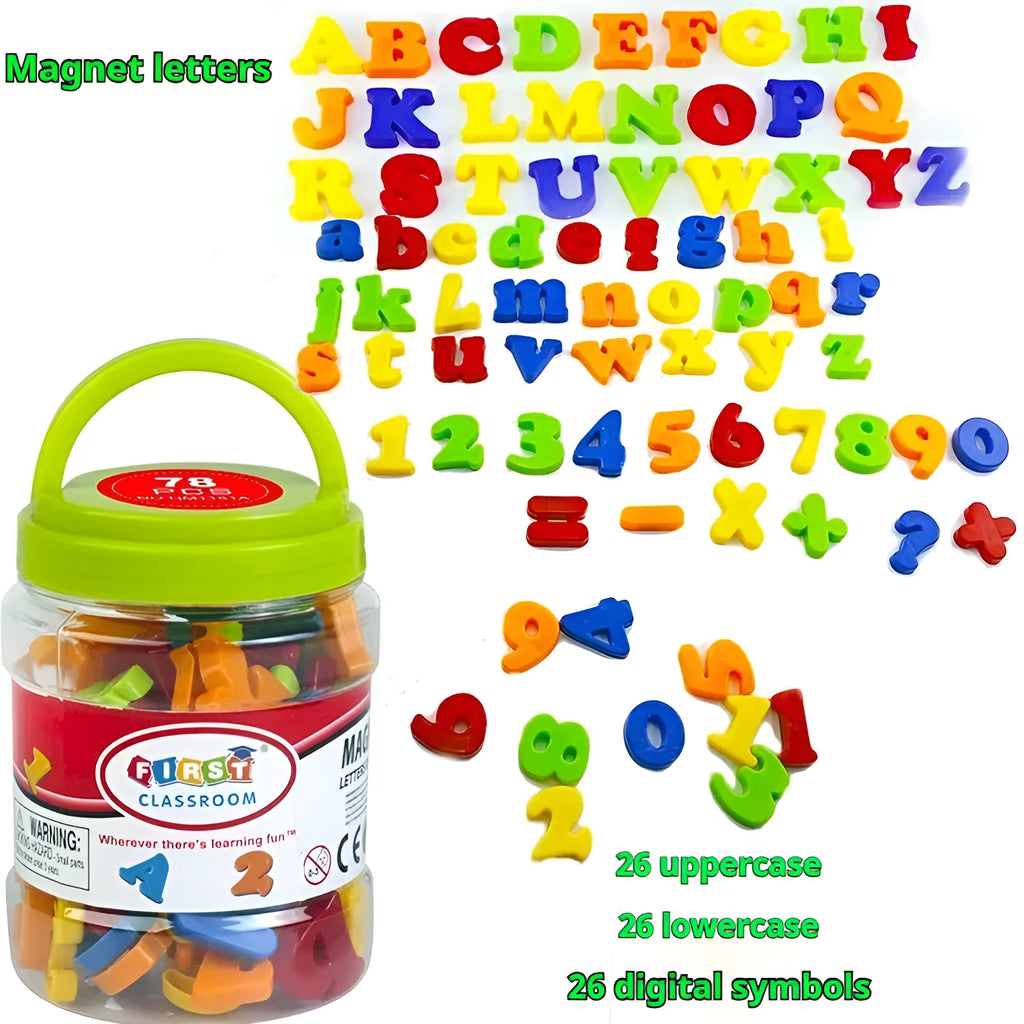 78 piece magnetic early education alphabet and pinyin sticker set on a magnetic board