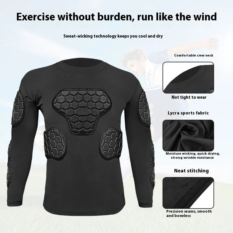 Men's goalkeeper anti-collision long-sleeved top and pants with honeycomb padding in black.
