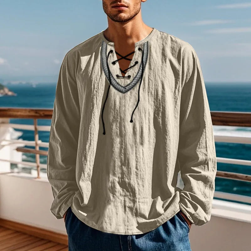 Men's cotton blend pullover shirt in retro ethnic colour block, navy blue colour, loose fit, long sleeves