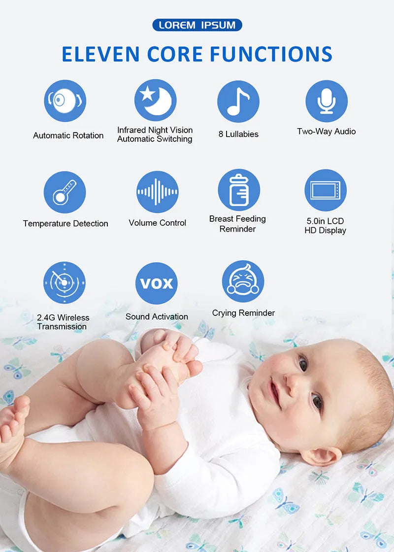 White HD wireless baby monitor with 5-inch screen and separate camera on a nursery shelf.