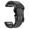Quick release two-tone silicone watch strap in black and orange with pin buckle.
