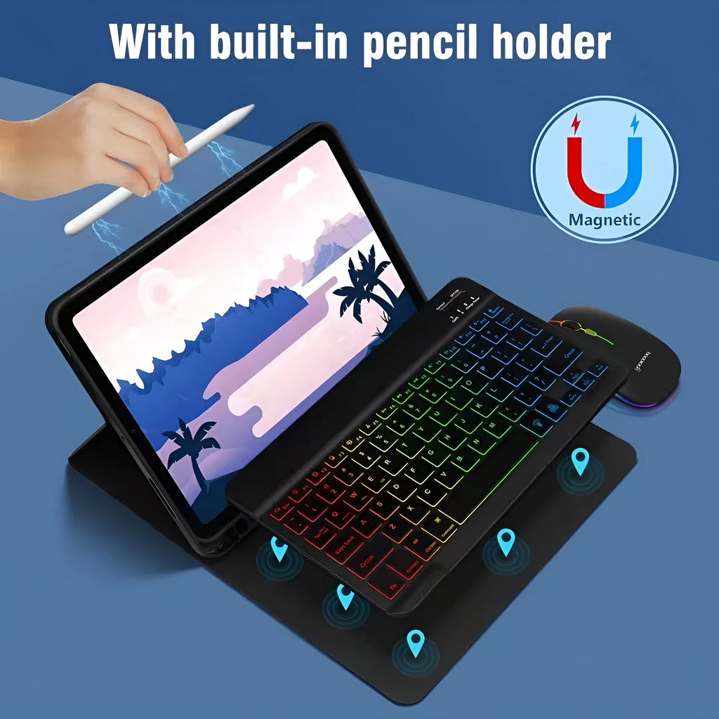 iPad protective leather case with built-in RGB backlit Bluetooth keyboard and stand in black colour
