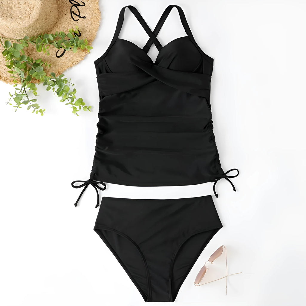 Women's separated swimwear bikini set in nylon fabric showing slim fit design and high waist styling
