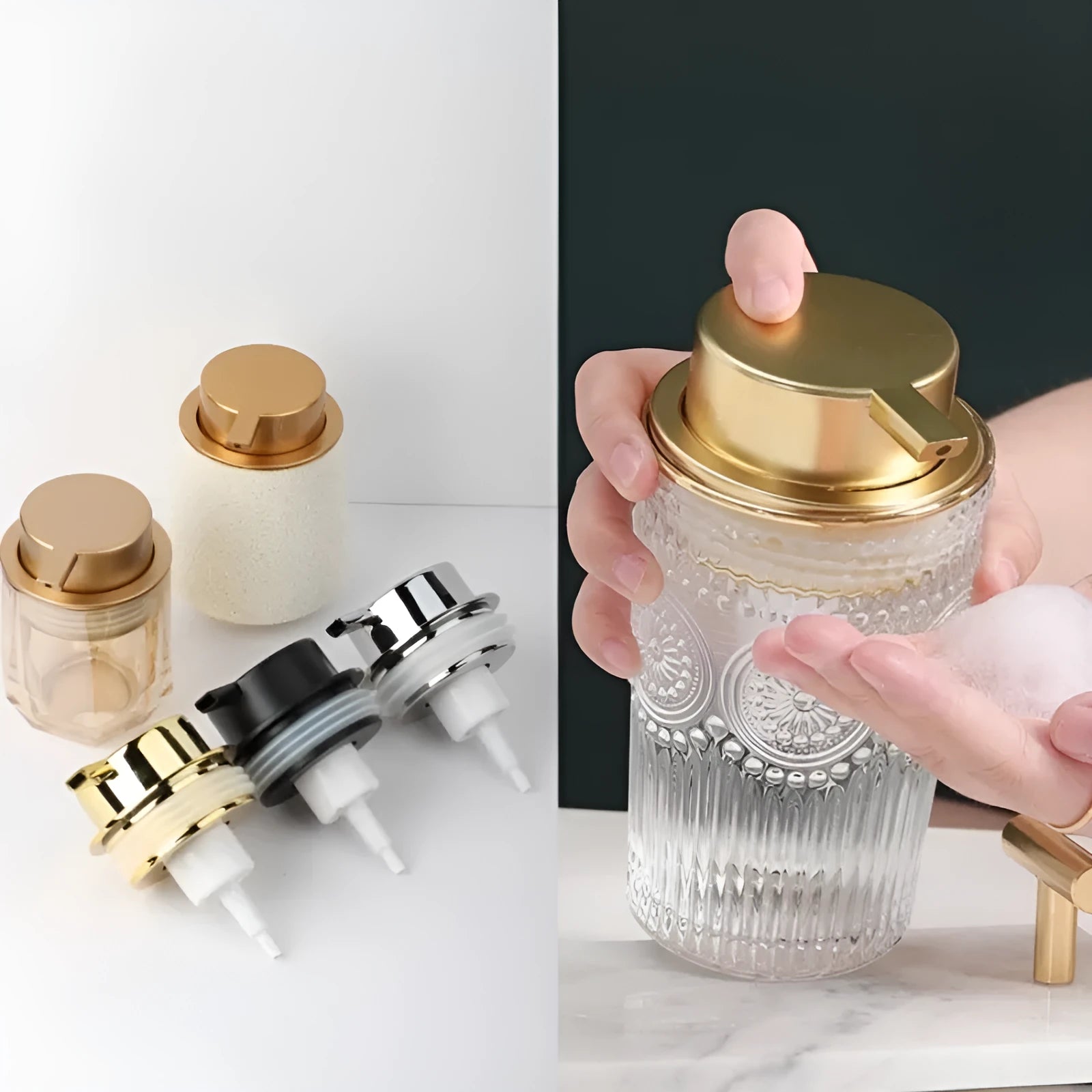 ABS plastic foam pump dispenser with large push head for facial cleansers in metallic finishes
