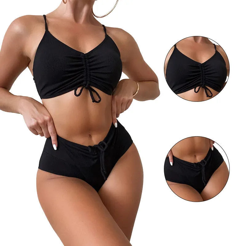 Black women's high waist bikini swimsuit with sling-split design and sleeveless top