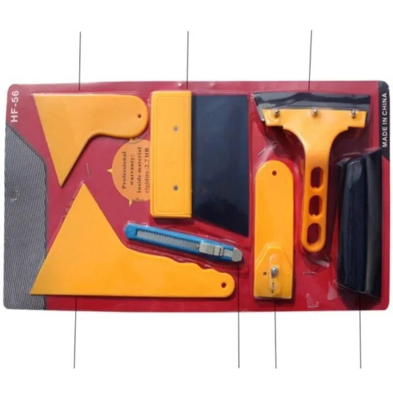 Seven-piece car film tool set with scrapers, knives, and a pressing block for window tinting and screen protector application.
