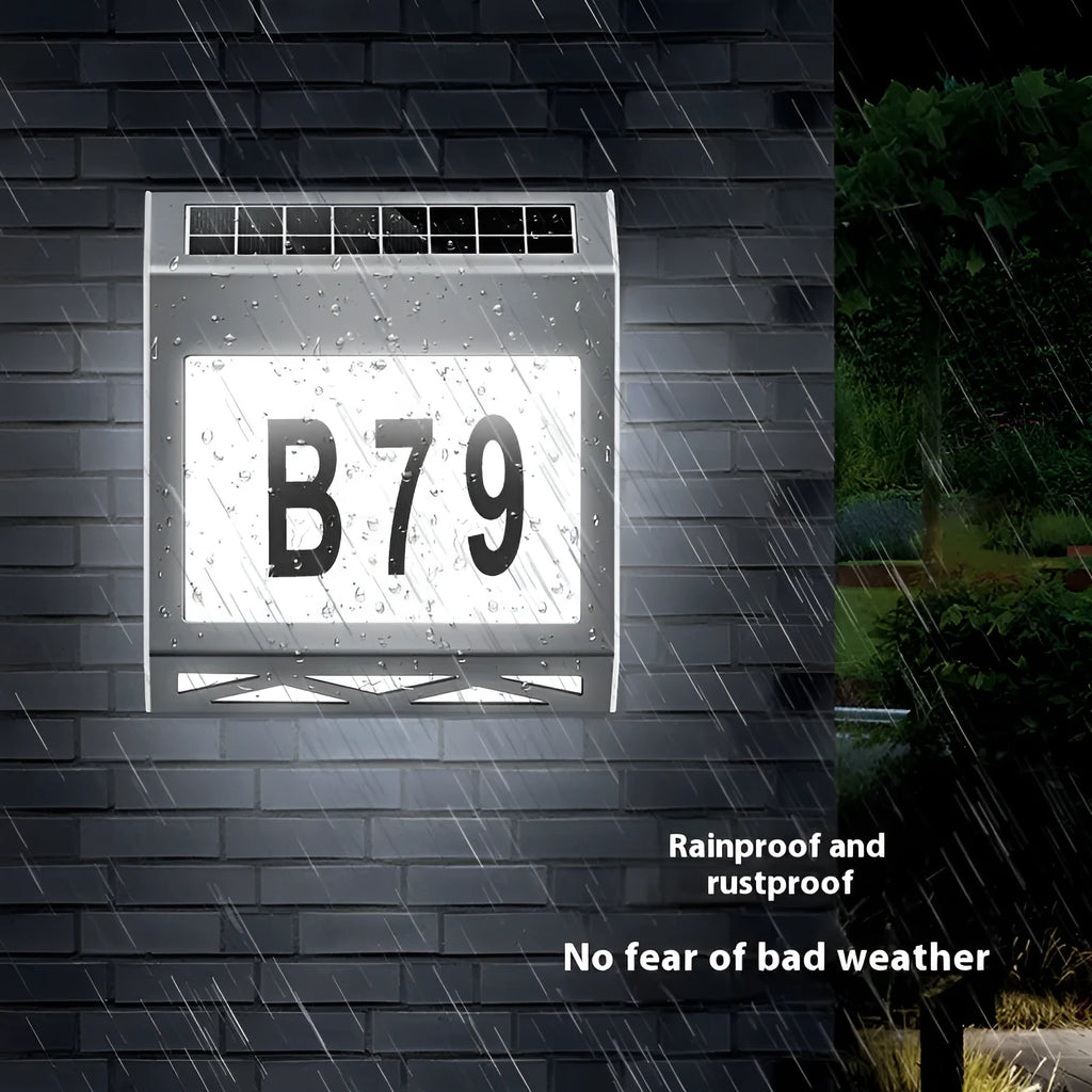 Solar-powered waterproof outdoor doorplate light with LED digital display in black finish