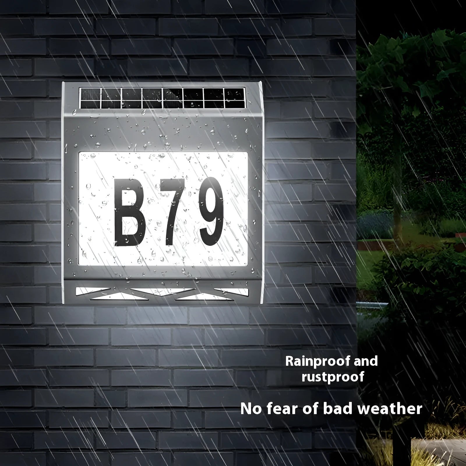 Solar-powered waterproof outdoor doorplate light with LED digital display in black finish