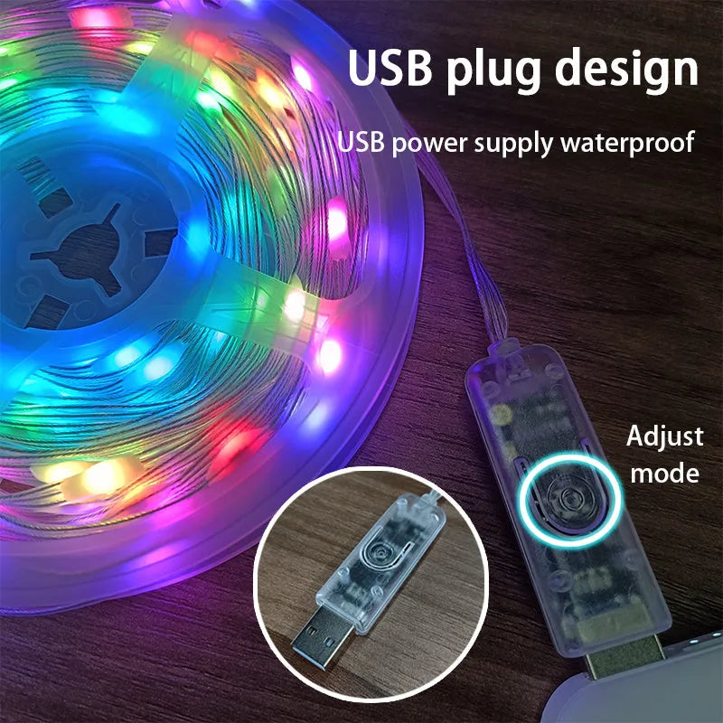 10 metre long multicolour LED party light string with 100 bulbs showing various flashing modes.