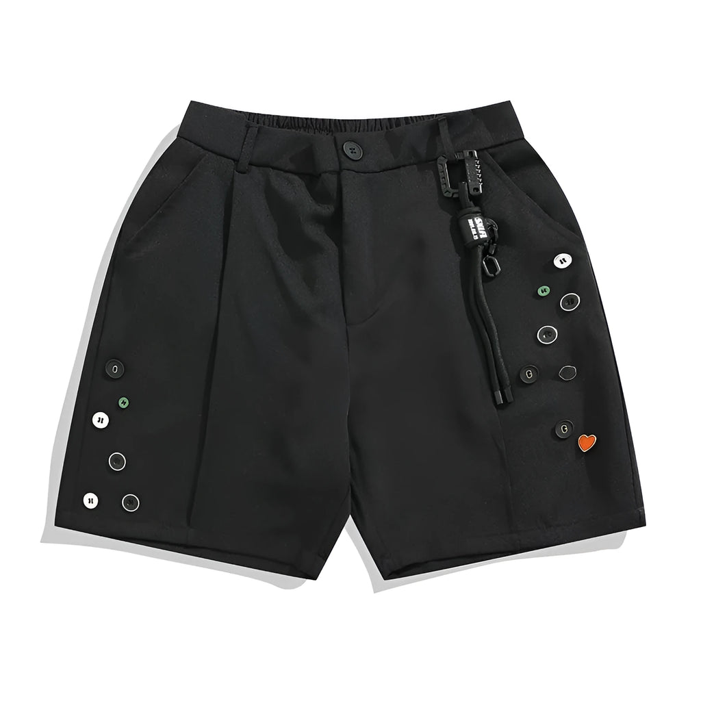 Men's black loose-fit shorts with semi-elastic waistband and colour button closure