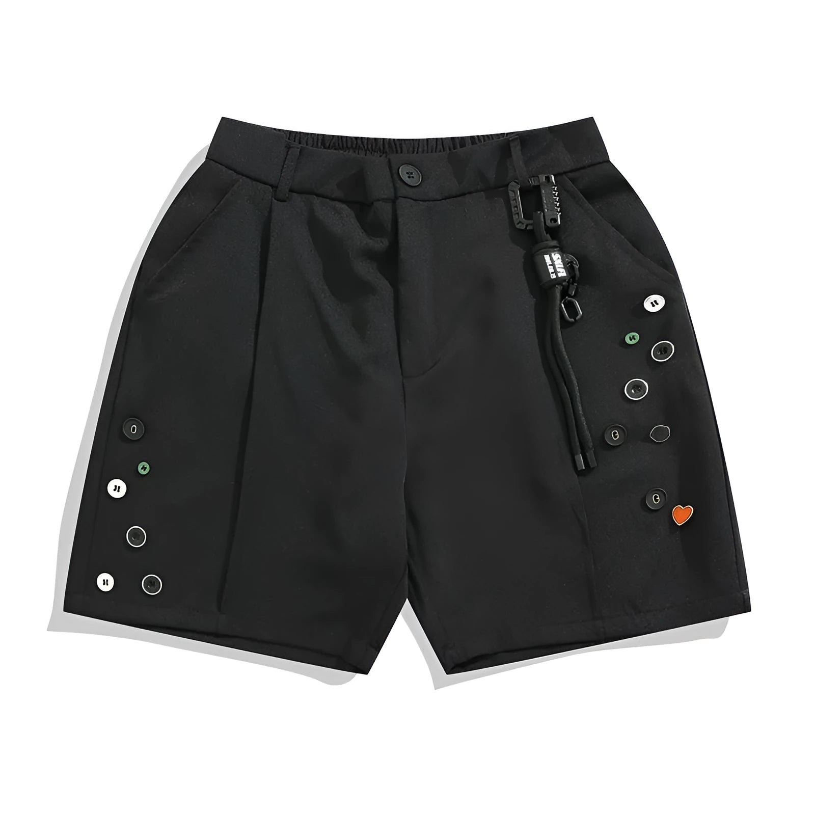 Men's black loose-fit shorts with semi-elastic waistband and colour button closure