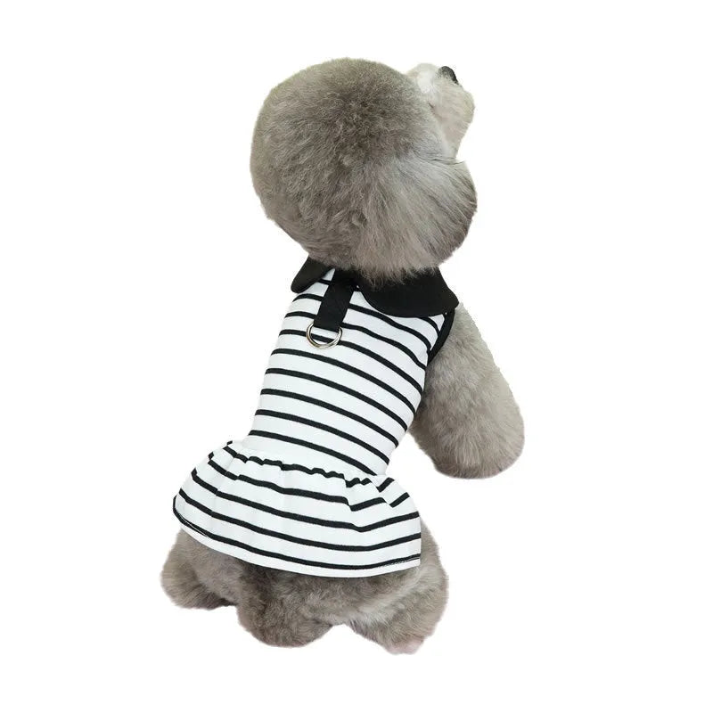 Striped cotton t-shirt and skirt set for dogs or cats on a mannequin, showing casual summer pet clothing.