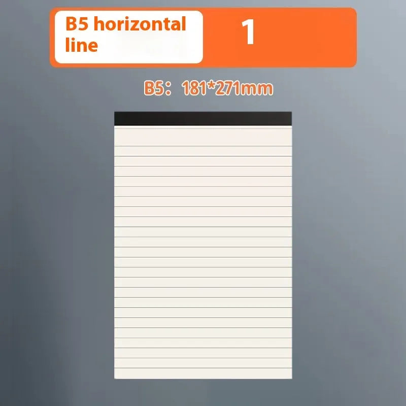 A5 and B5 writing pads showing blank, grid, and lined paper formats with tearable pages