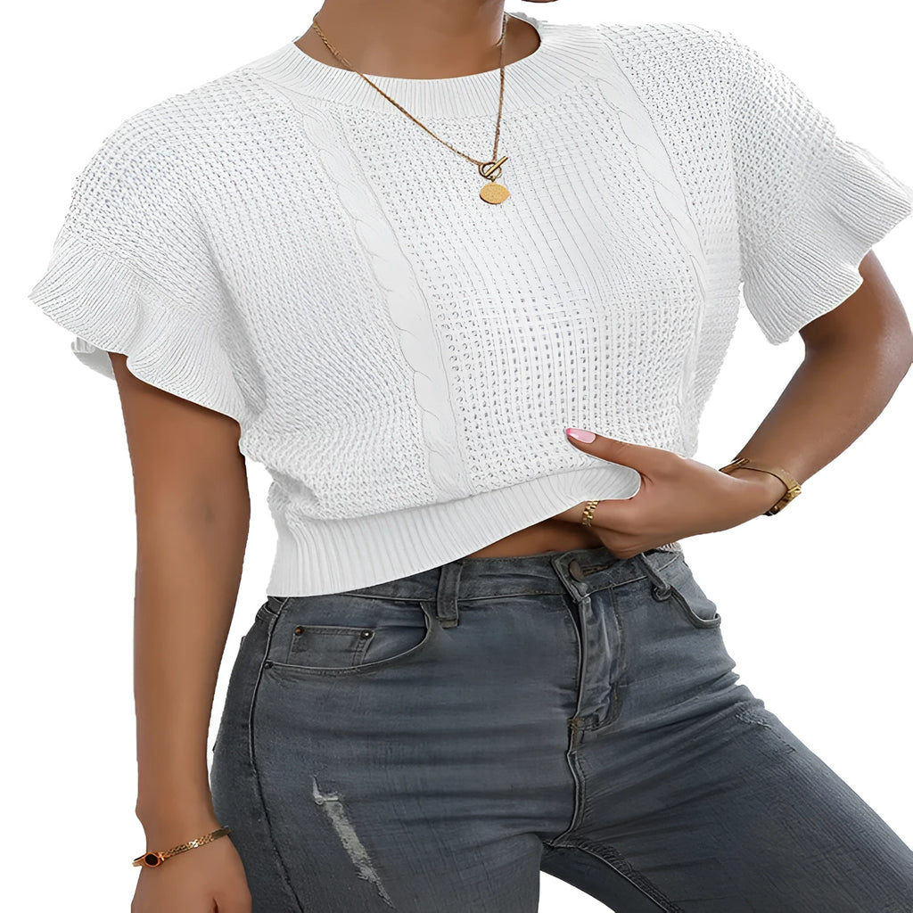 Twisted string pattern knitted sweater with ruffled short sleeves and round neck in dark brown colour