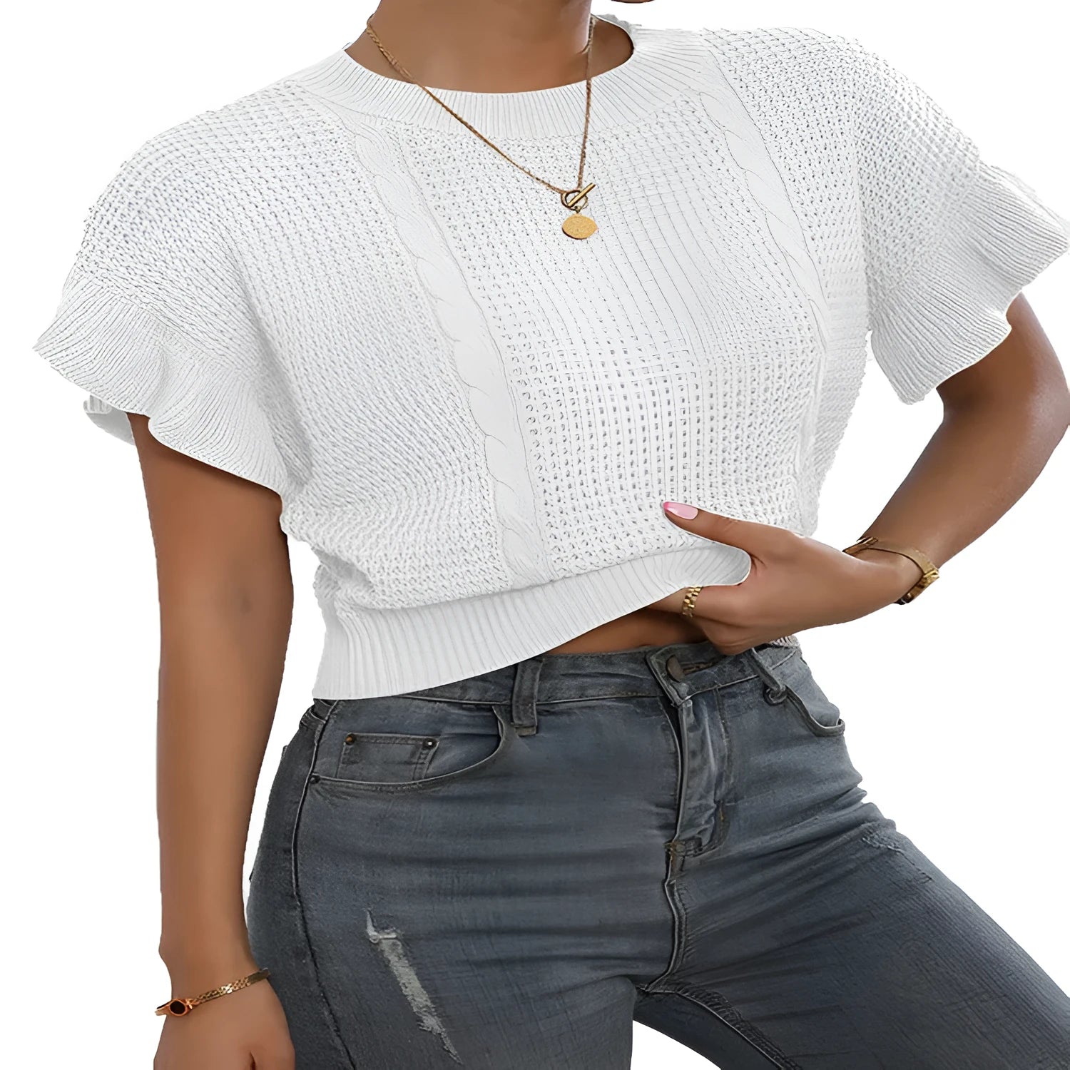 Twisted string pattern knitted sweater with ruffled short sleeves and round neck in dark brown colour