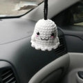 Plush hand-woven car hanging ornament in cartoon design options including ghosts, bats, and pumpkins
