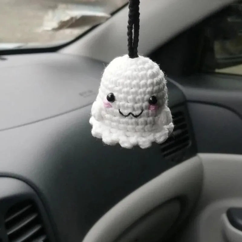 Plush hand-woven car hanging ornament in cartoon design options including ghosts, bats, and pumpkins