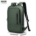 Lightweight orange polyester commuter backpack with USB charging port on the shoulder strap.