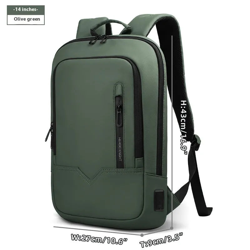 Lightweight orange polyester commuter backpack with USB charging port on the shoulder strap.