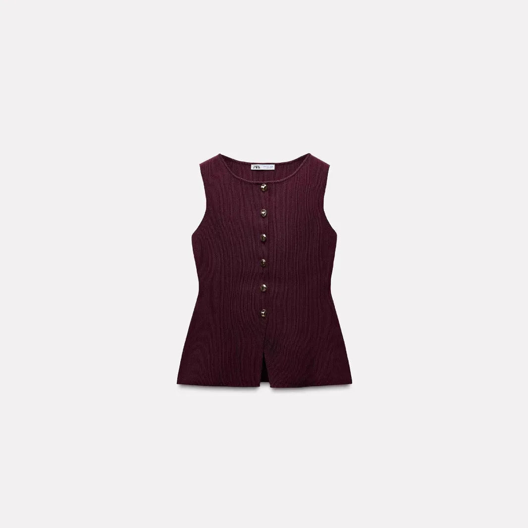 Women's dark red sweater vest with gold buttons and 3D pattern, sleeveless cardigan style