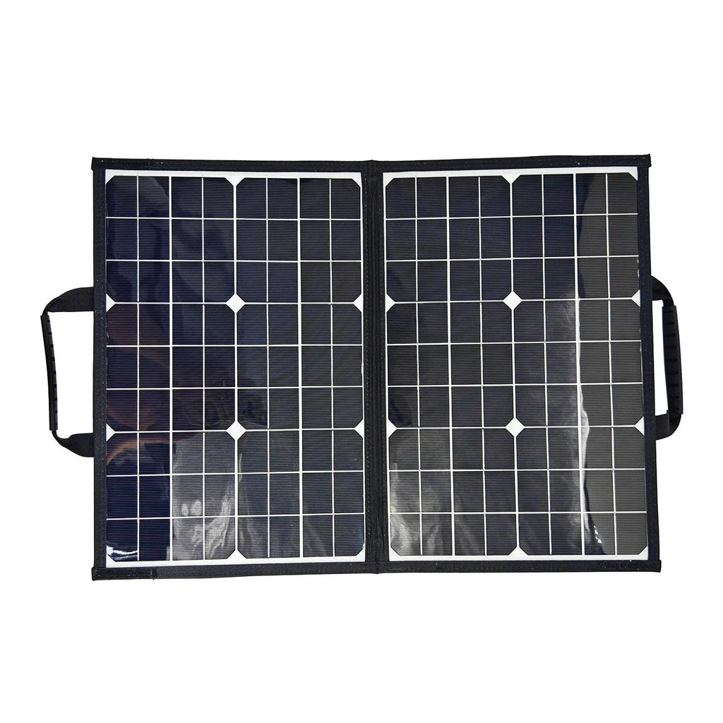 Black foldable 40W solar panel bag showing folded dimensions and monocrystalline cells