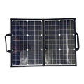 Black foldable 40W solar panel bag showing folded dimensions and monocrystalline cells