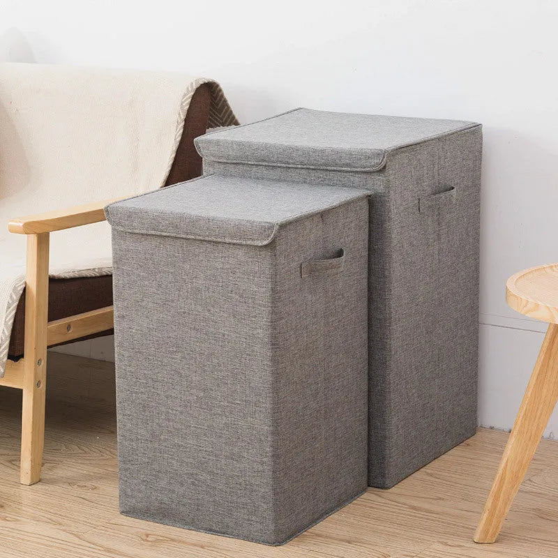 Grey foldable storage basket with three-dimensional design showing cotton linen fabric texture