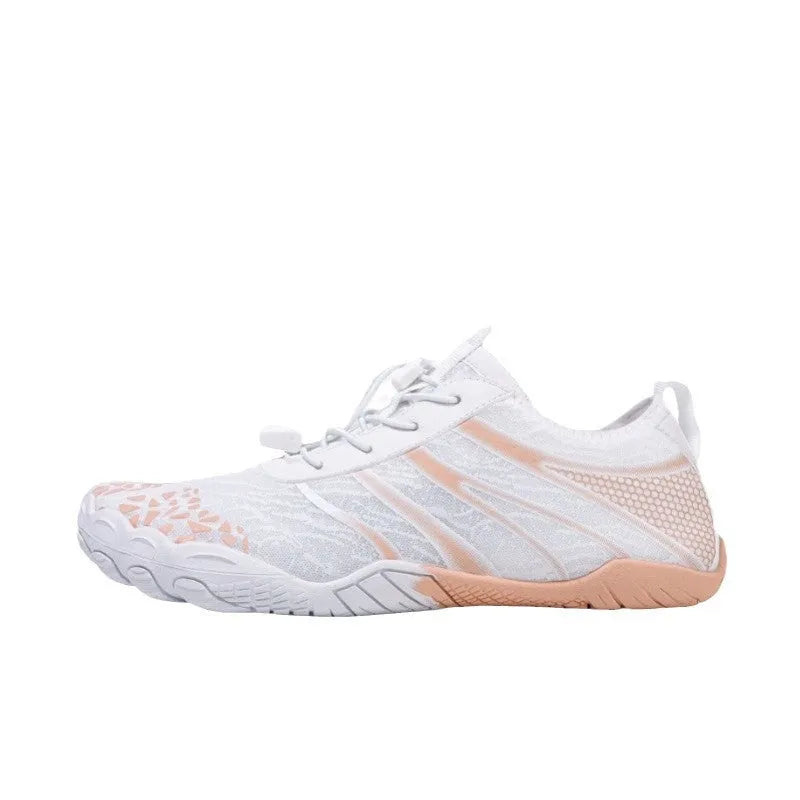 Beach running shoes with Lycra stretch fabric upper shown in multiple colours including beige and white pink.