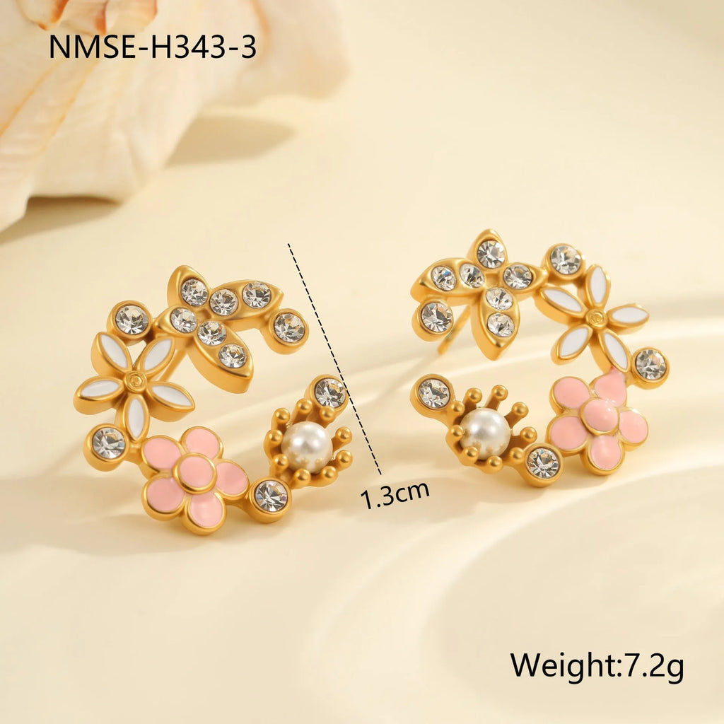 Stainless steel flower stud earrings with 18K gold electroplating and colourful oil diamond petal design