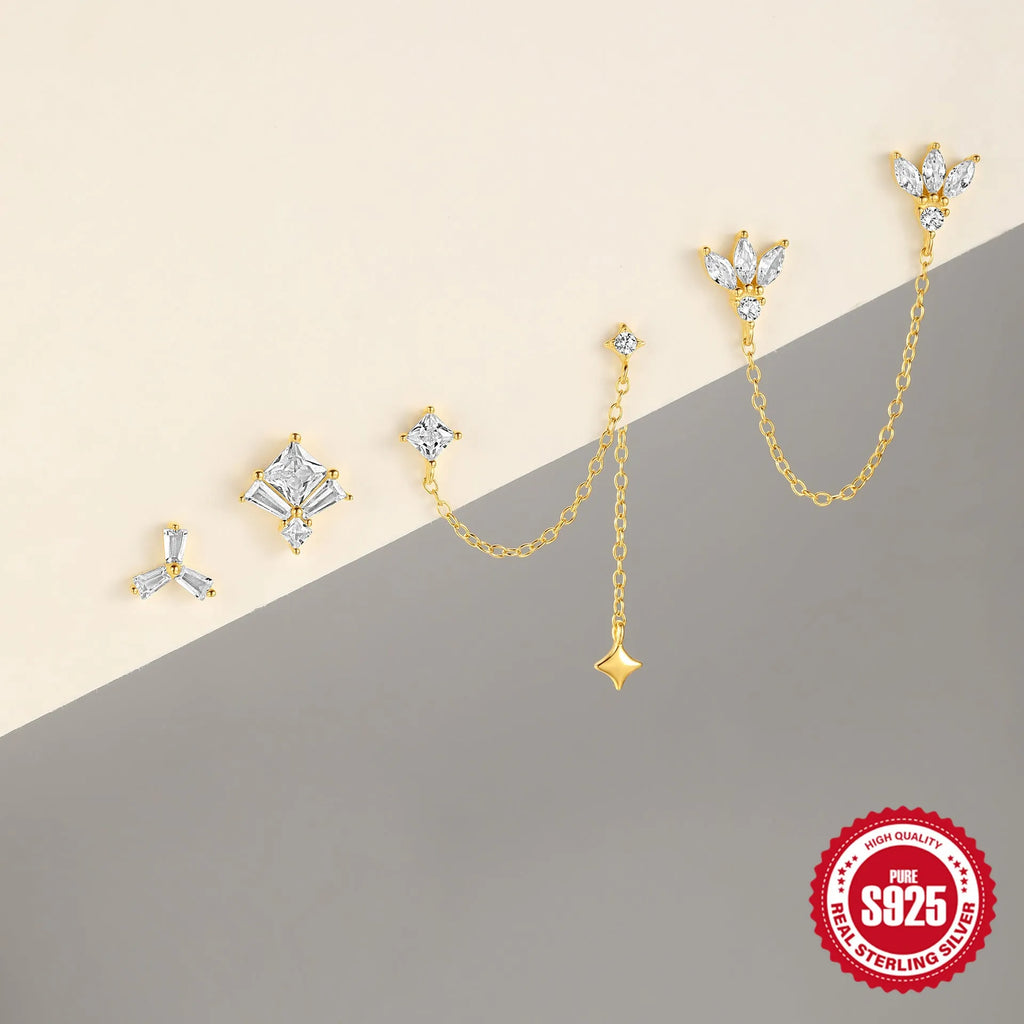 Golden S925 sterling silver geometric stud earrings with zircon stones, showing clover, crown, horse eye, and chain designs for double piercings.