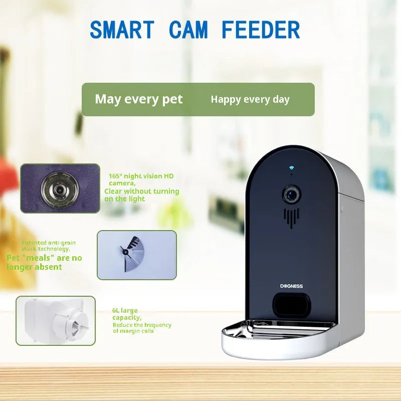 Automatic pet feeder in Barbie pink colour with ivory white accents showing feeding mechanism