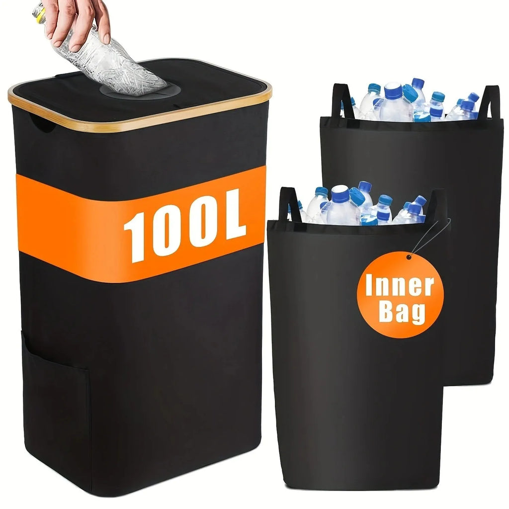 Black bamboo laundry basket with removable lid showing double inner pockets and ventilation holes