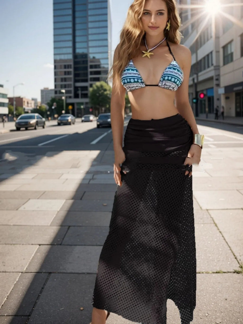 Women's fishnet bikini three-piece set with a long skirt in black, brown, or rose pink