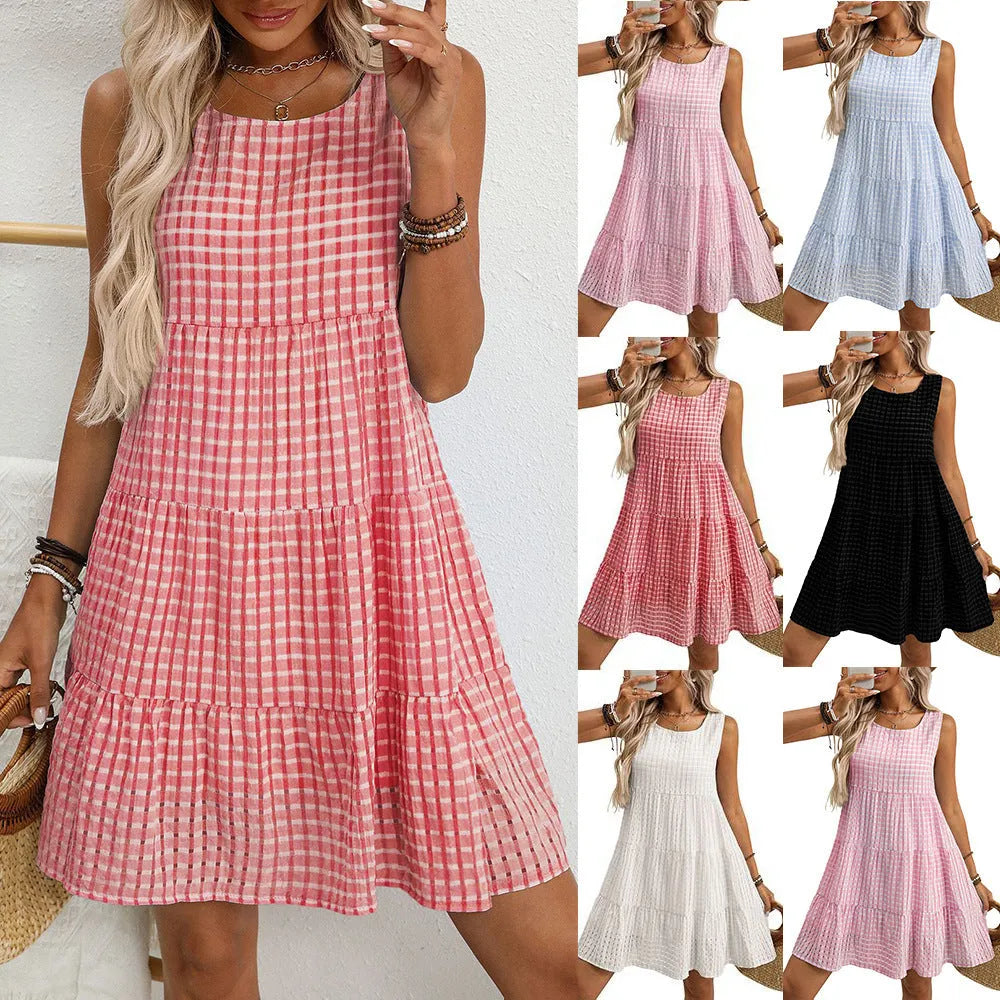 Women's loose-fitting sleeveless plaid dress with an oversized swing skirt on a hanger.