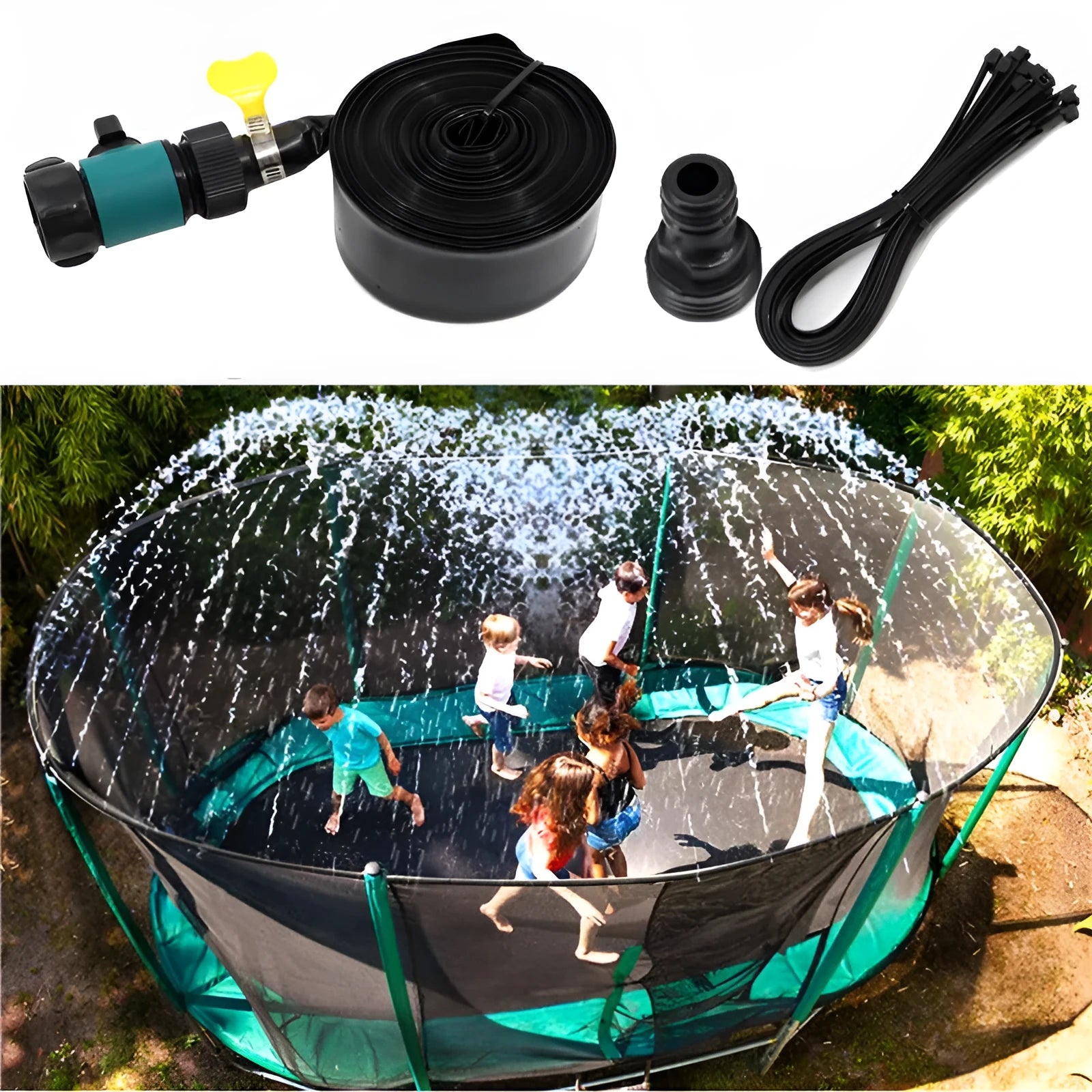 Blue portable garden sprinkler with PVC switch on a green lawn.