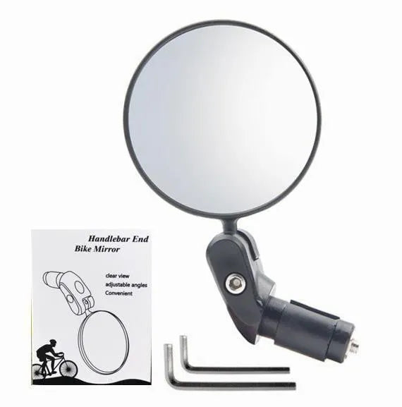 Black ABS convex rearview mirror with 7cm diameter reflector on a 14cm long arm.