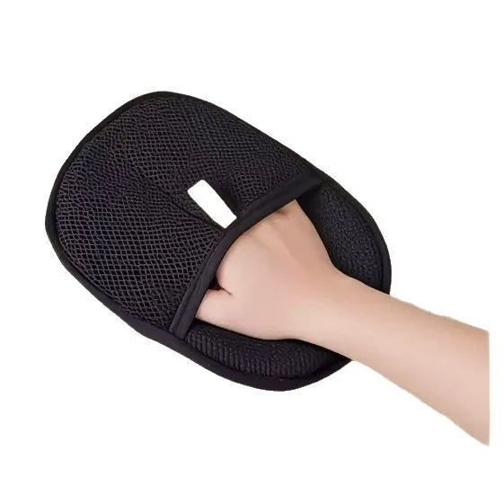 Black pet grooming gloves with silicone bristles for removing hair from dogs and cats