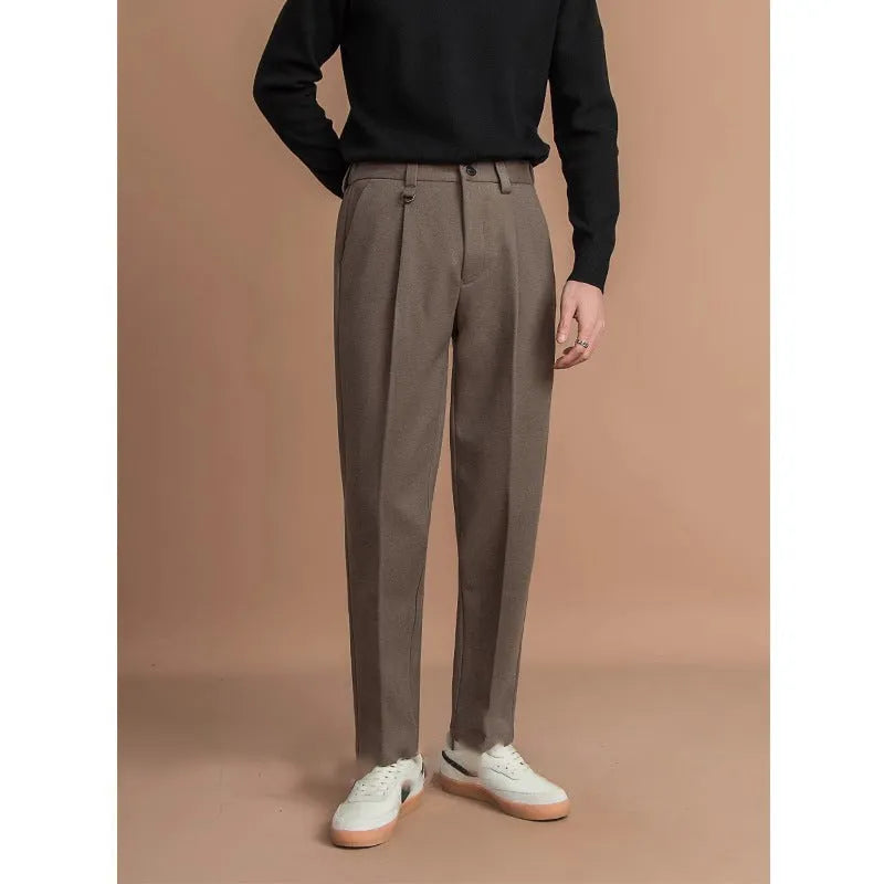 Men's straight-leg polyester trousers in black, dark grey, khaki, and brown colours for business casual winter wear
