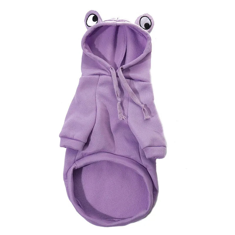 Green frog costume hoodie for small dog with hood and fleece material showing chest girth measurement