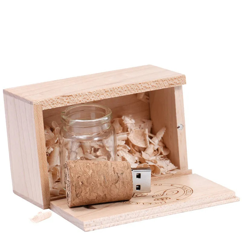 Chocolate brown wooden USB flash drive in a drift bottle shape with space for custom graphics.
