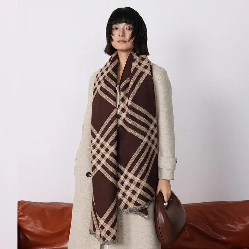 Imitation cashmere scarf with tassels in brown colour showing 185cm length