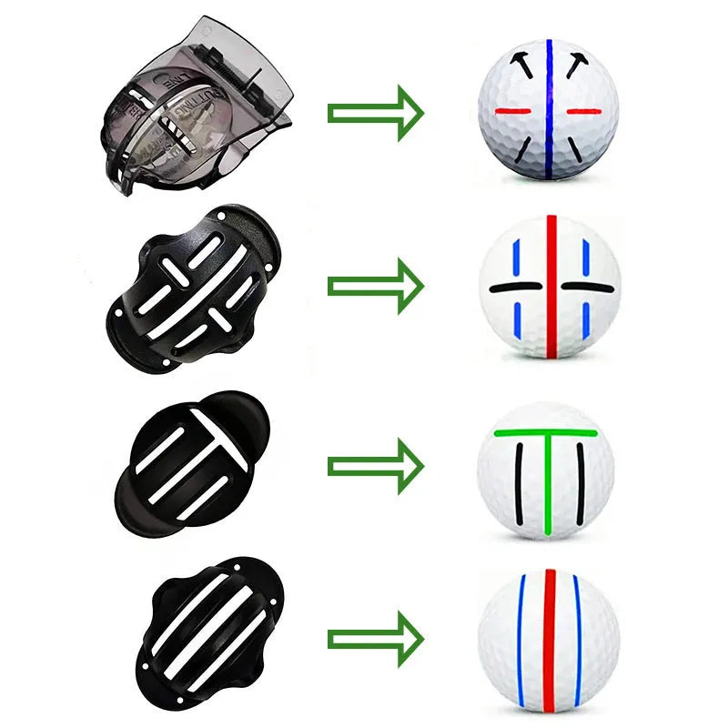 Plastic golf putter alignment tool set with four scribers and one drawing pen on a green.