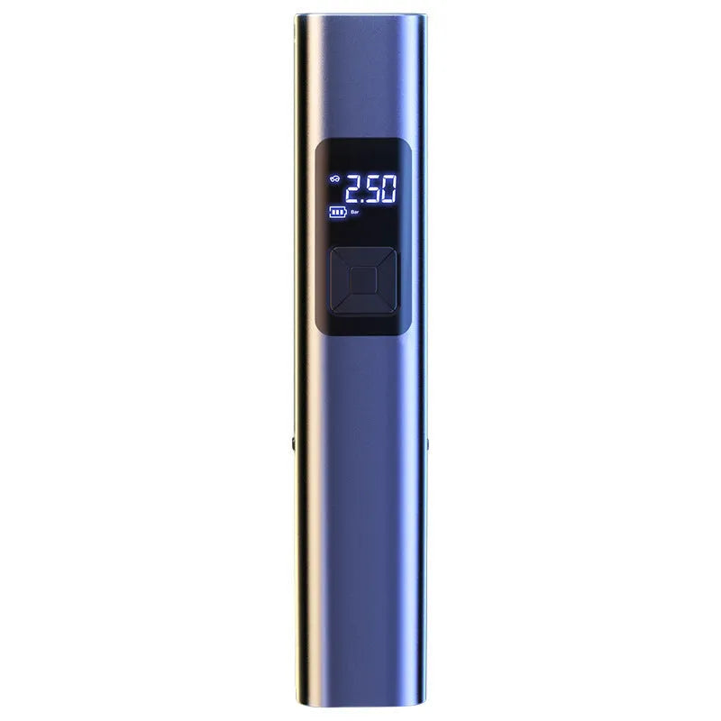 Wireless digital display car air pump and vacuum cleaner with USB-C cable and accessories.