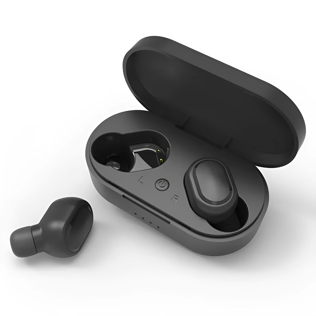 A6S mini wireless Bluetooth in-ear sports earbuds in matte black finish with charging case