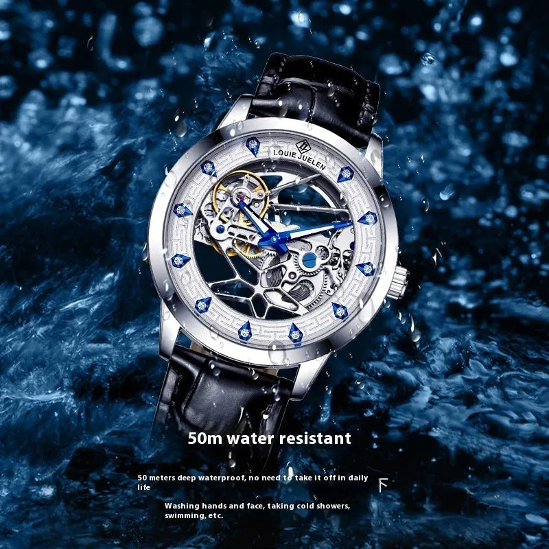 Men's silver mechanical watch with white dial, blue hands, and black leather strap
