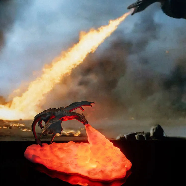 3D printed red dragon night light with glowing effect on a dark surface