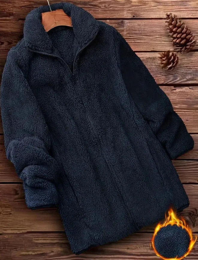 Double-sided velvet fleece jacket in black, navy blue and khaki colours showing front view