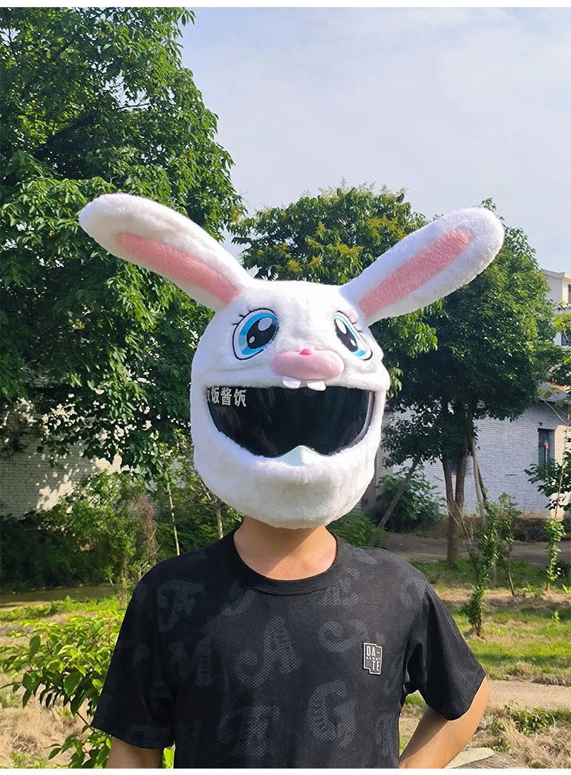 White plush rabbit head helmet cover for electric motorcycle with long ears and needle plush detailing